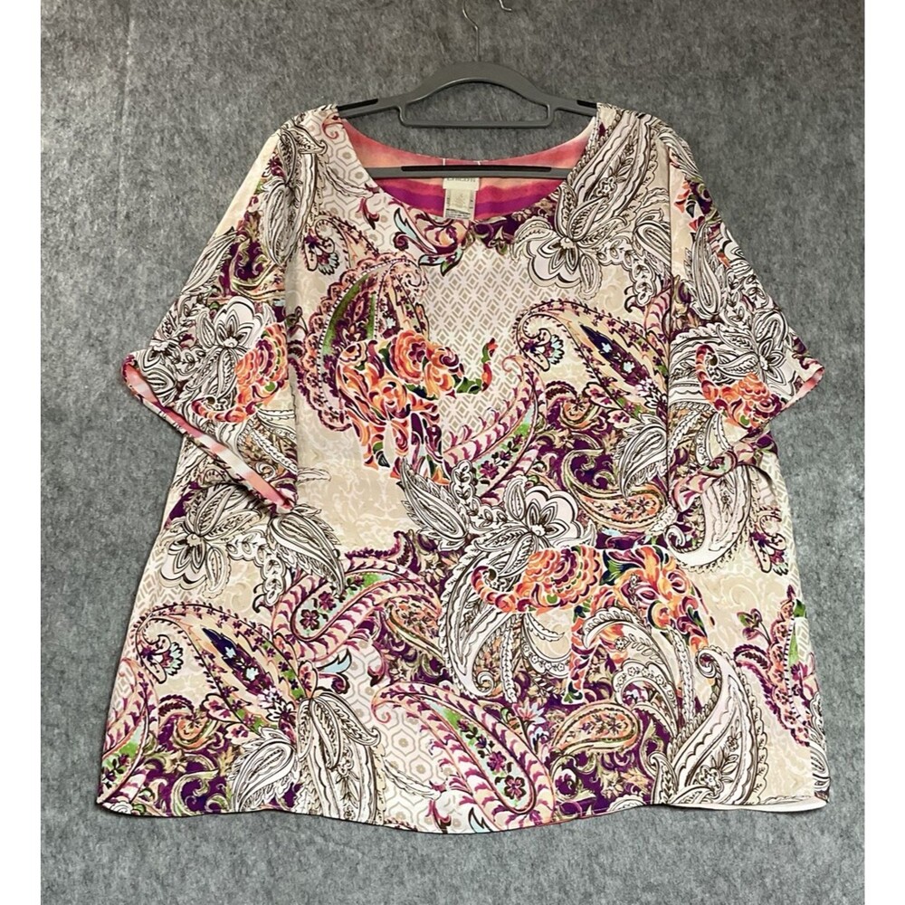 Chicos Blouse Womens 3 XL Geometric Relaxed Short Sleeve Artsy Top Boho Packable